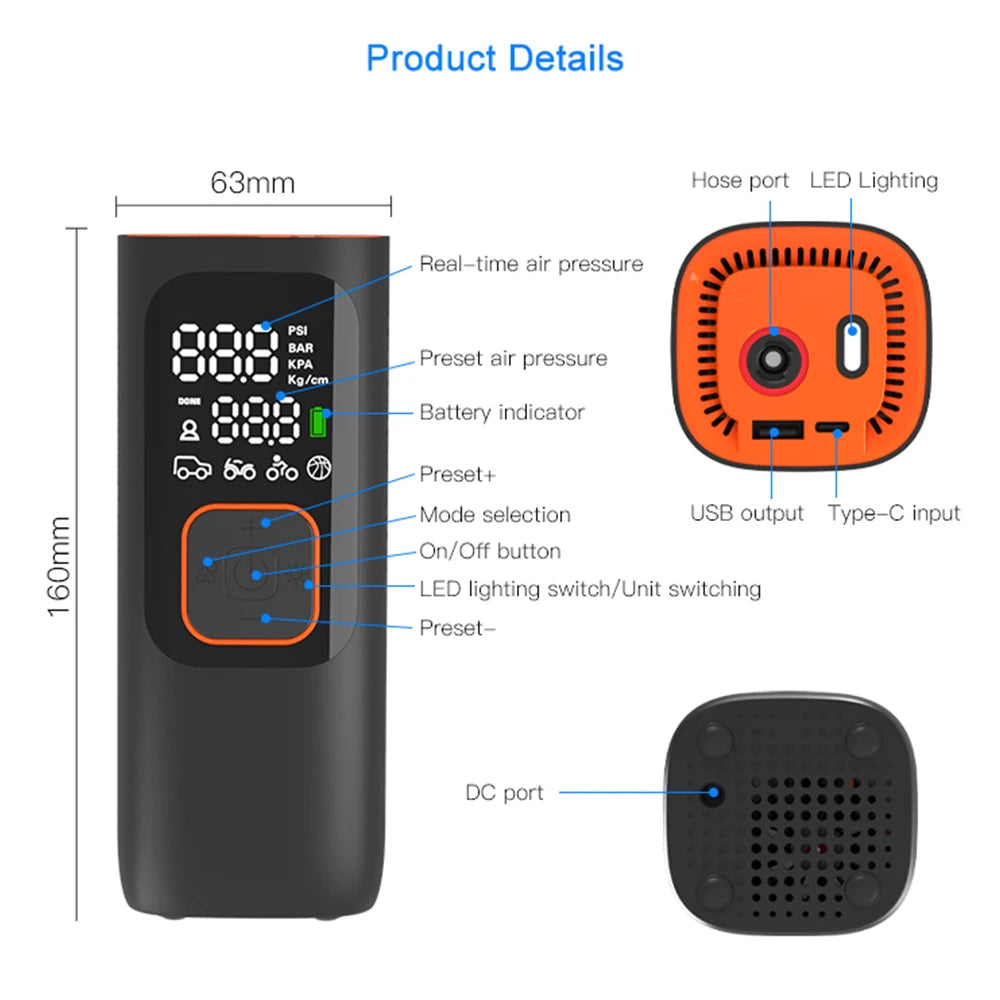 Portable Tire Inflator for Tesla (USB, Pressure Gauge, 100% Cordless)