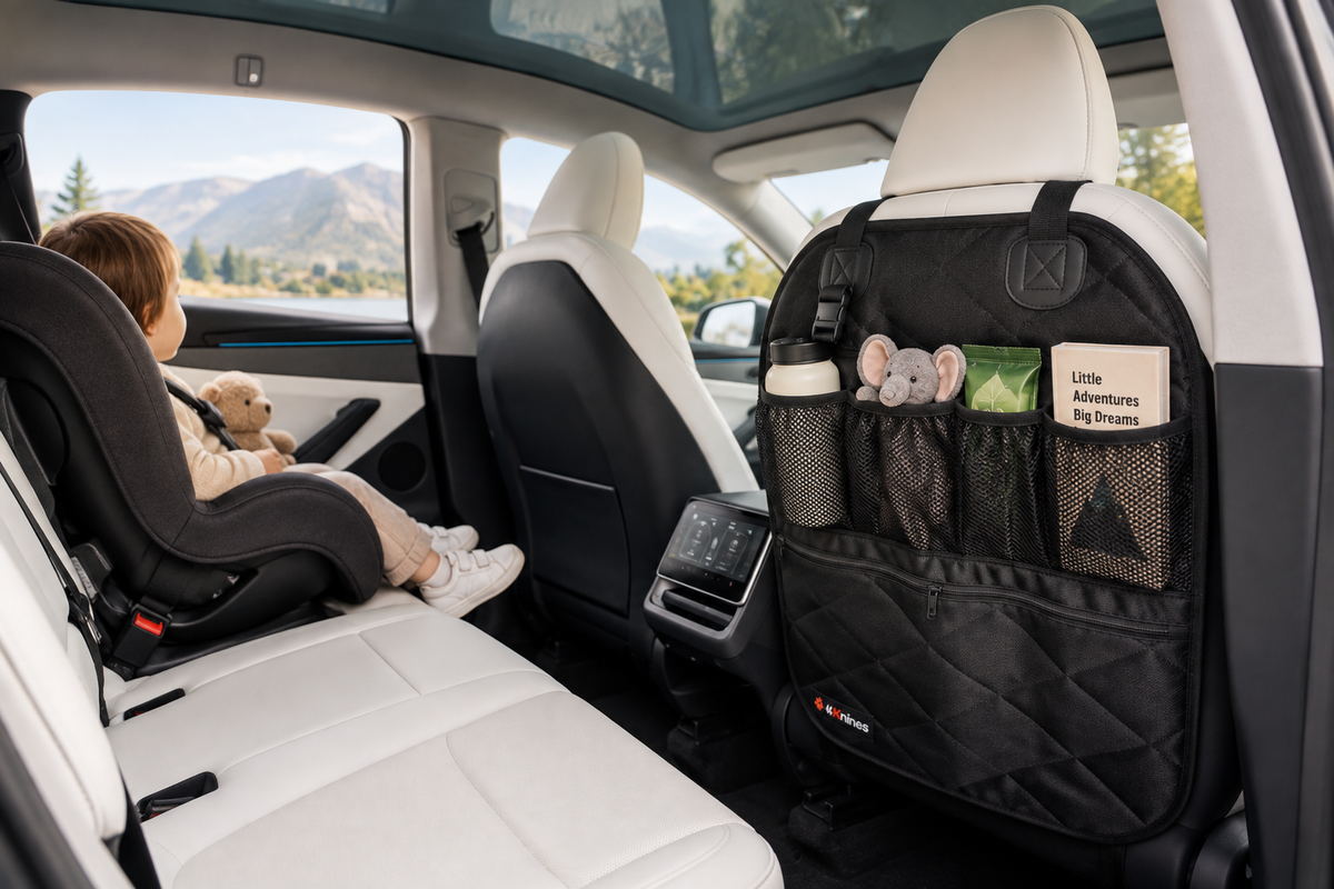 Tesla Model Y,3,S,X, and Cybertruck Car Seat Back Organizer – Backseat Storage & Protector for Kids & Pets