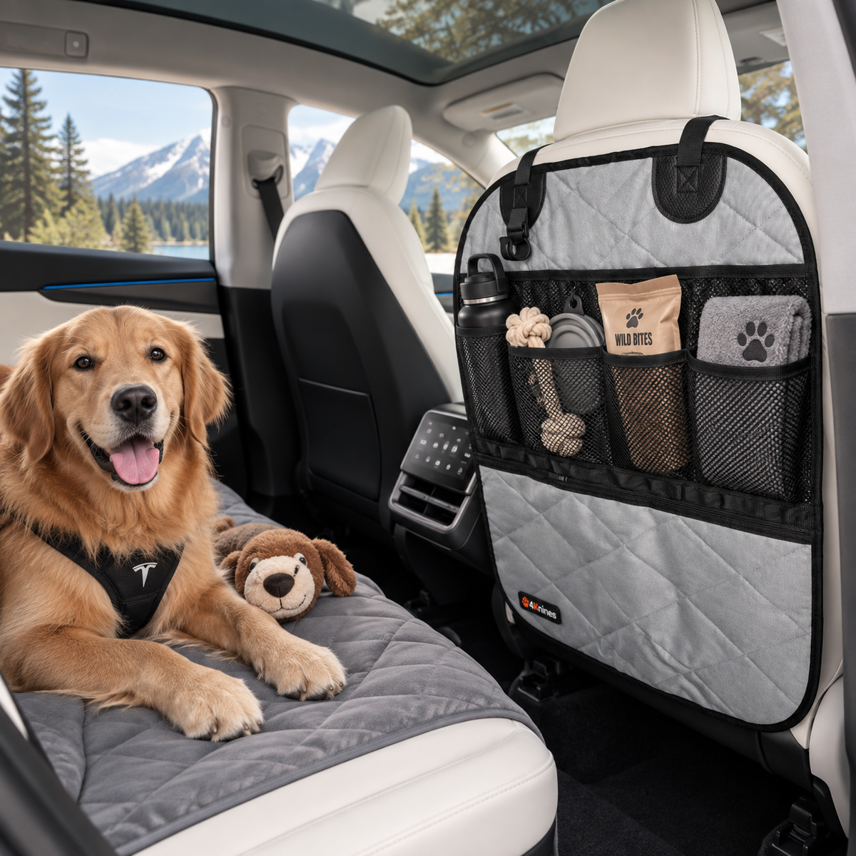 Tesla Model Y,3,S,X, and Cybertruck Car Seat Back Organizer – Backseat Storage & Protector for Kids & Pets
